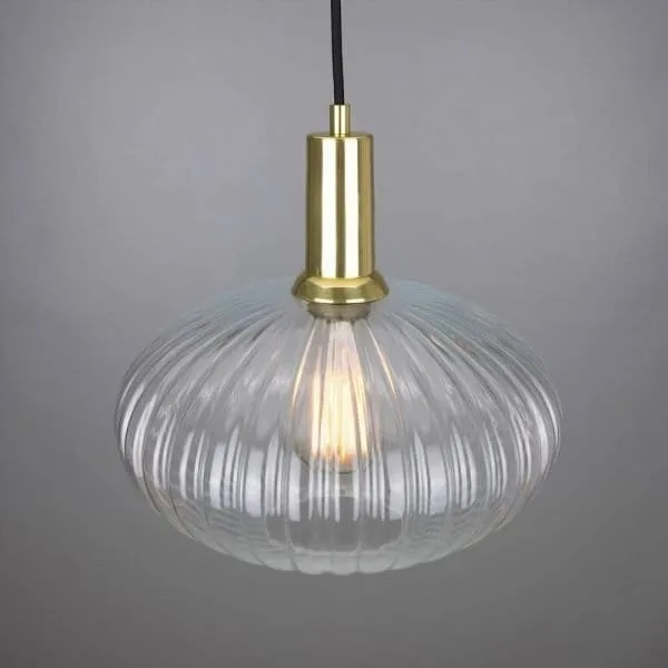 Neith Oval Reeded Glass and Brass Pendant 30cm Glass & Globe Lights Great Lighting UK Ltd