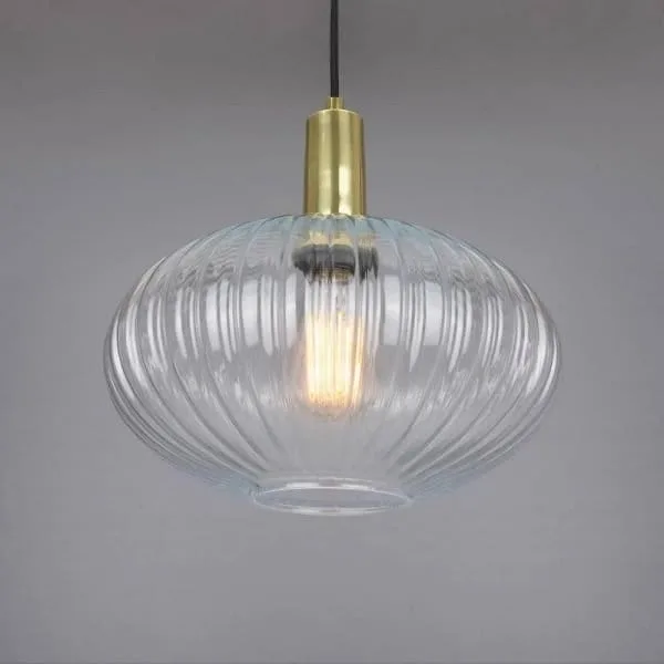 Neith Oval Reeded Glass and Brass Pendant 30cm Glass & Globe Lights Great Lighting UK Ltd