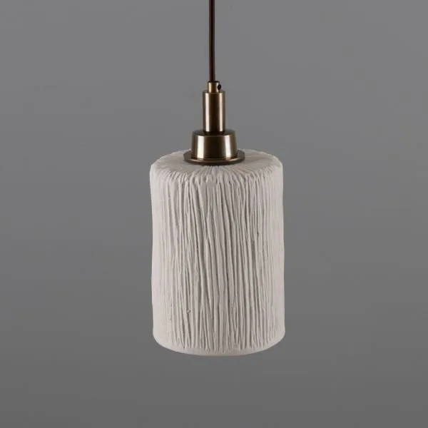Senna 12cm Organic Ceramic Cylinder IP44 Bathroom Pendant Light Matte White Striped Ceramic Bathroom Pendant Lights Great Lighting UK Ltd
