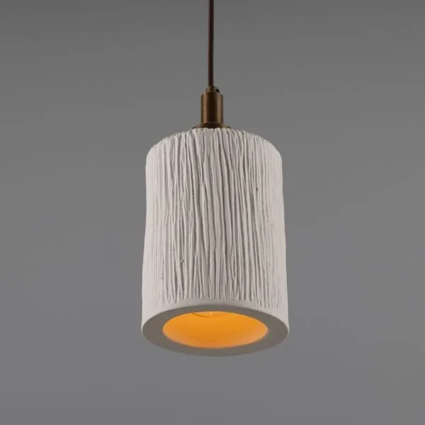 Senna 12cm Organic Ceramic Cylinder IP44 Bathroom Pendant Light Matte White Striped Ceramic Bathroom Pendant Lights Great Lighting UK Ltd