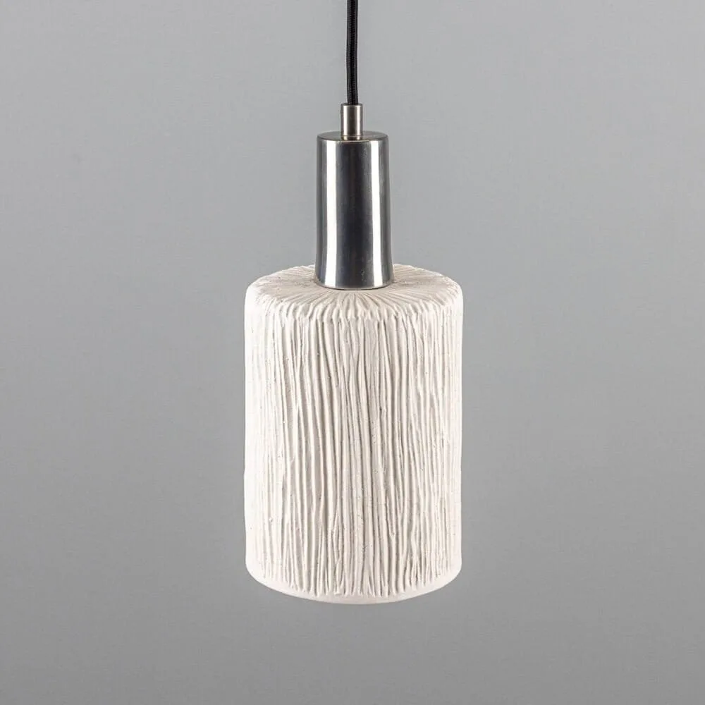Organic Matte White Ceramic Cylinder Pendant Light in Antique Silver