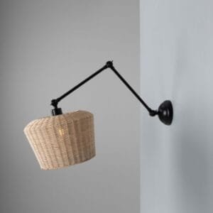 Manila Adjustable Arm Wall Light with Large Rattan Shade Brass Wall Lights Great Lighting UK Ltd