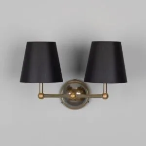 Busan Modern Brass Double Wall Light with Fabric Shades Antique Brass Wall Lights Great Lighting UK Ltd