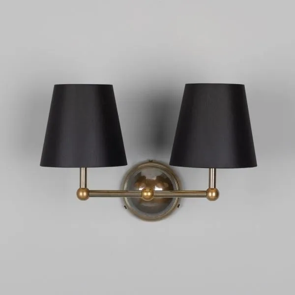 Busan Modern Brass Double Wall Light with Fabric Shades Antique Brass Wall Lights Great Lighting UK Ltd
