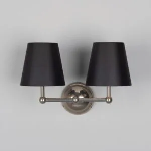 Busan Modern Brass Double Wall Light with Fabric Shades Antique Brass Wall Lights Great Lighting UK Ltd