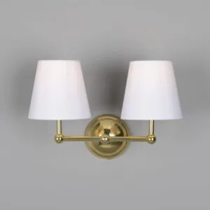 Busan Modern Brass Double Wall Light with Fabric Shades Antique Brass Wall Lights Great Lighting UK Ltd
