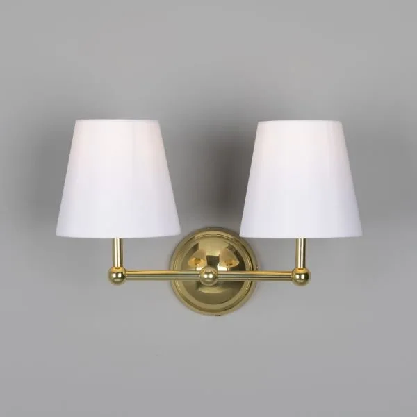 Busan Modern Brass Double Wall Light with Fabric Shades Antique Brass Wall Lights Great Lighting UK Ltd