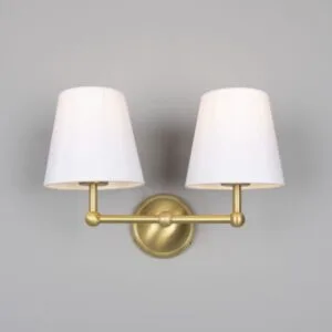 Busan Modern Brass Double Wall Light with Fabric Shades Antique Brass Wall Lights Great Lighting UK Ltd