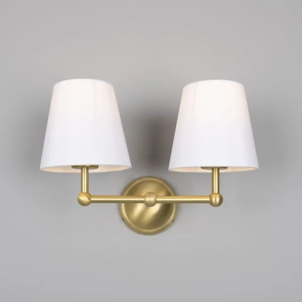Busan Modern Brass Double Wall Light with Fabric Shades Antique Brass Wall Lights Great Lighting UK Ltd