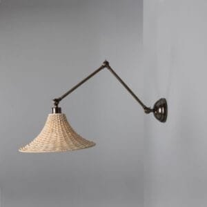 Savannah Adjustable Arm Wall Light with Large Bell-Shaped Rattan Shade Brass Wall Lights Great Lighting UK Ltd