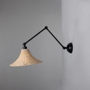 Savannah Adjustable Arm Wall Light with Large Bell-Shaped Rattan Shade Brass Wall Lights Great Lighting UK Ltd