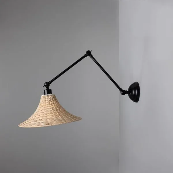 Savannah Adjustable Arm Wall Light with Large Bell-Shaped Rattan Shade - Image 5