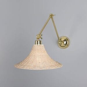 Savannah Adjustable Arm Wall Light with Large Bell-Shaped Rattan Shade Brass Wall Lights Great Lighting UK Ltd