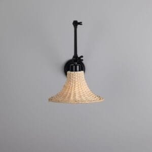 Savannah Adjustable Arm Wall Light with Small Bell-Shaped Rattan Shade Brass Wall Lights Great Lighting UK Ltd