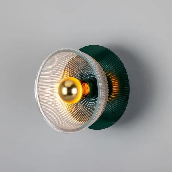 Eclipse Coloured Brass and Holophane Glass Dish Wall Light Holophane & Prismatic Wall Lights Great Lighting UK Ltd