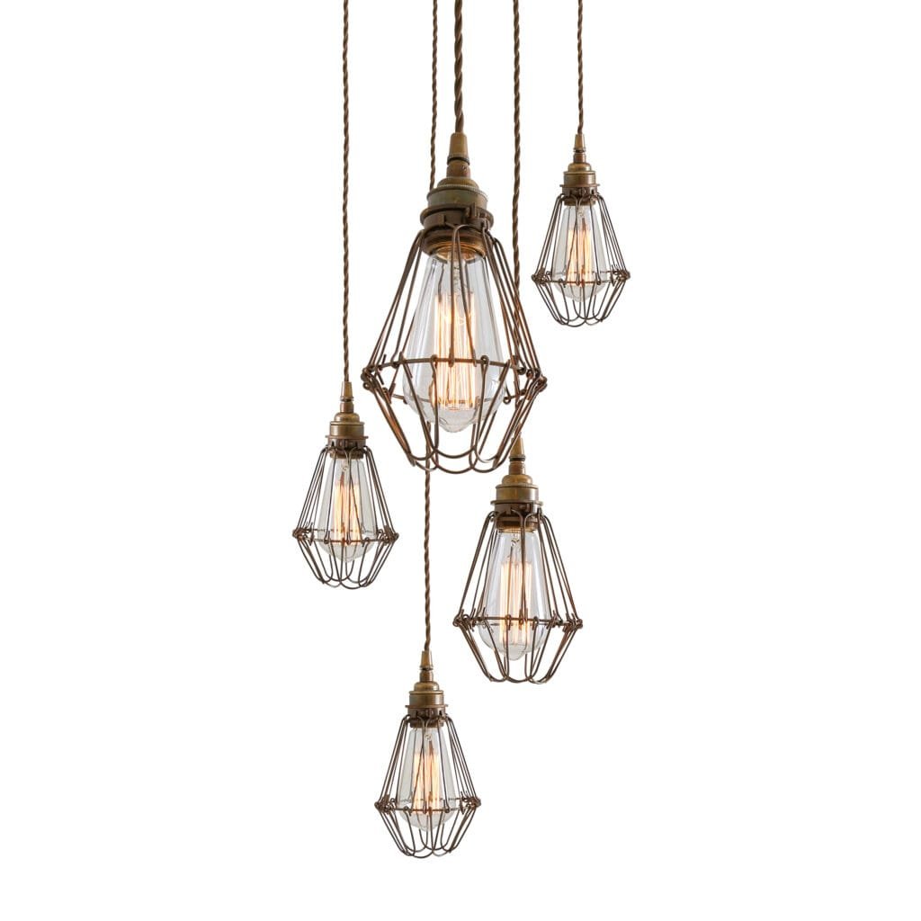 Praia Cage 5 Light Pendant Cluster Praia Cage 5 Light Pendant Cluster Industrial Caged Pendants Great Lighting UK Ltd