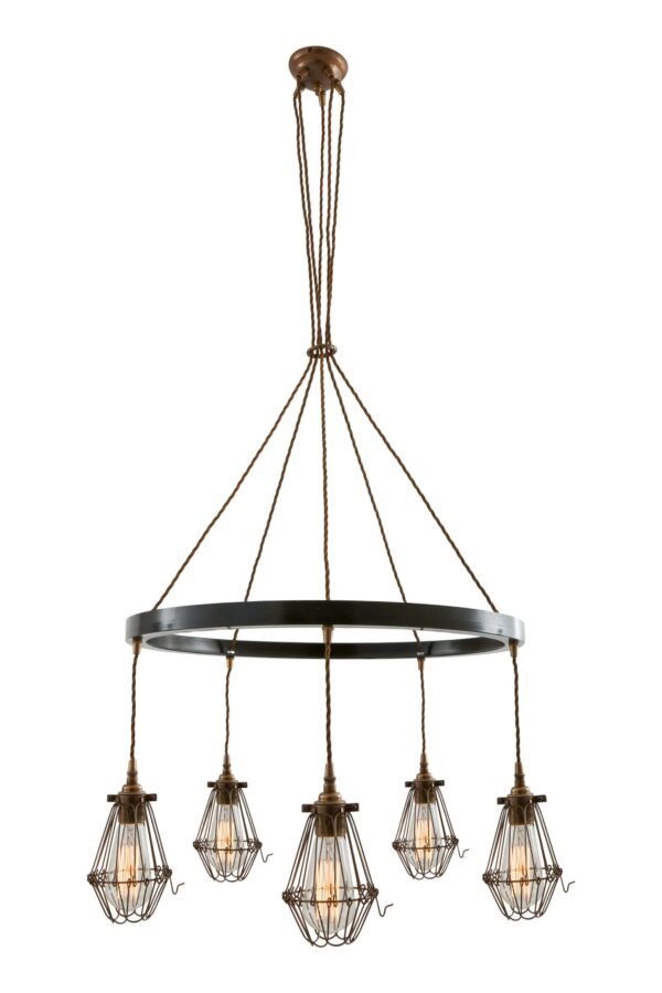 Praia Industrial Cage 5 Light Ring Chandelier Four to Six Arm Pendants Great Lighting UK Ltd