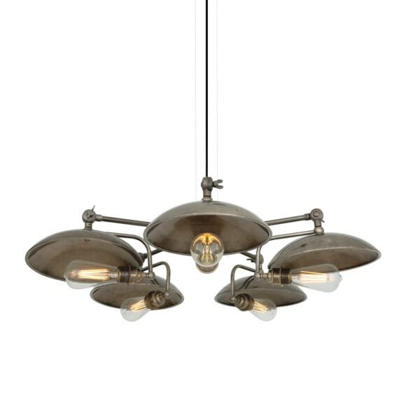 Chulainn 5 Arm Brass Dish Bare Bulb Chandelier Four to Six Arm Pendants Great Lighting UK Ltd