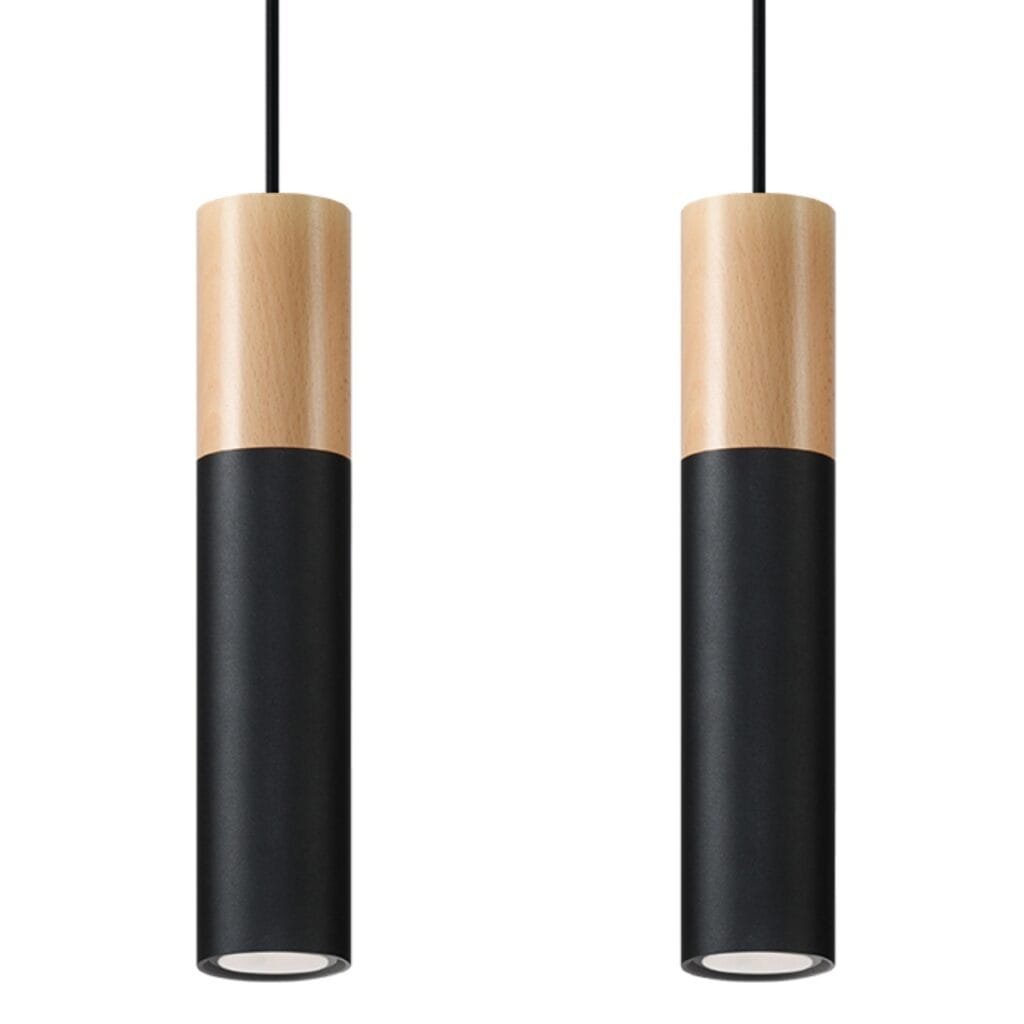 Pendant Lamp Pablo Two Light Natural Wood / Black Wood Pendant Lights Great Lighting UK Ltd