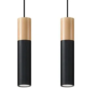 Pendant Lamp Pablo Two Light Natural Wood / Black Scandi Style Lighting Great Lighting UK Ltd