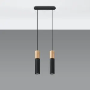 Pendant Lamp Pablo Two Light Natural Wood / Black Scandi Style Lighting Great Lighting UK Ltd