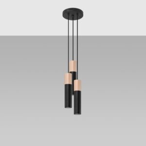 Pendant Lamp Pablo 3p Black / Natural Wood Multi Pendants Great Lighting UK Ltd
