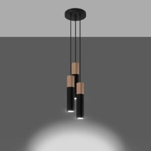 Pendant Lamp Pablo 3p Black / Natural Wood Multi Pendants Great Lighting UK Ltd