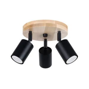 Verdo Three Light Black Ceiling Spotlight with Wood Bar (Alternative Layout) Black Ceiling Lights Great Lighting UK Ltd
