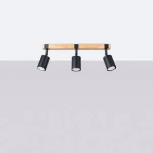 Fager Three Light Black Kitchen Ceiling Spotlight with Wood Bar 3 Light Spotlights Great Lighting UK Ltd