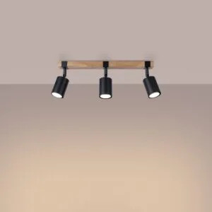 Fager Three Light Black Kitchen Ceiling Spotlight with Wood Bar 3 Light Spotlights Great Lighting UK Ltd