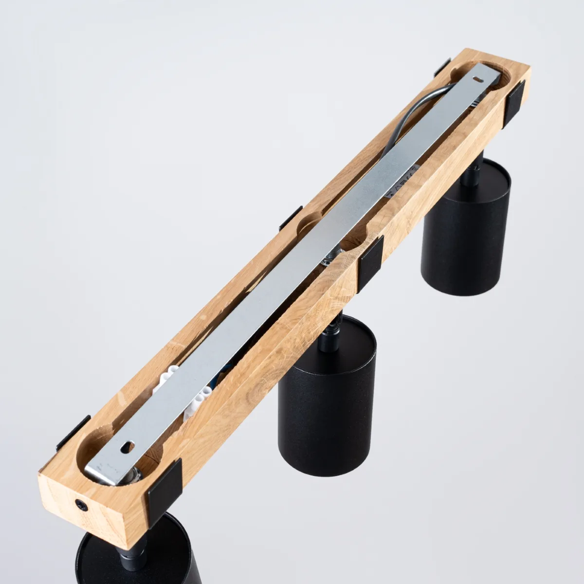 Fager Three Light Black Kitchen Ceiling Spotlight with Wood Bar 3 Light Spotlights Great Lighting UK Ltd