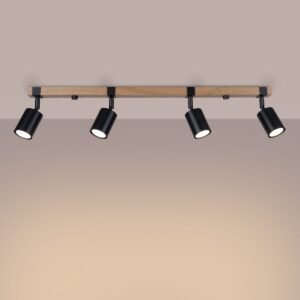 Fager Four Light Black Kitchen Ceiling Spotlight with Wood Bar 4 Light Spotlights Great Lighting UK Ltd
