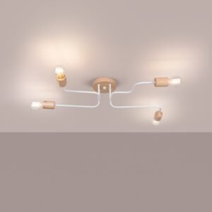 Pendant Lamp Karbon 4 arm White / Natural Wood Ceiling Chandeliers Great Lighting UK Ltd