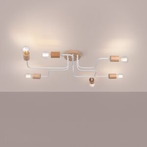 Pendant Lamp Karbon 6 arm White / Natural Wood Ceiling Chandeliers Great Lighting UK Ltd