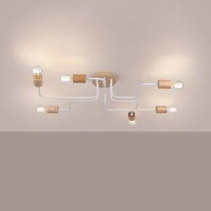 Timbo 6-Arm Ceiling Light - White / Natural Wood Bedroom Ceiling Lights Great Lighting UK Ltd