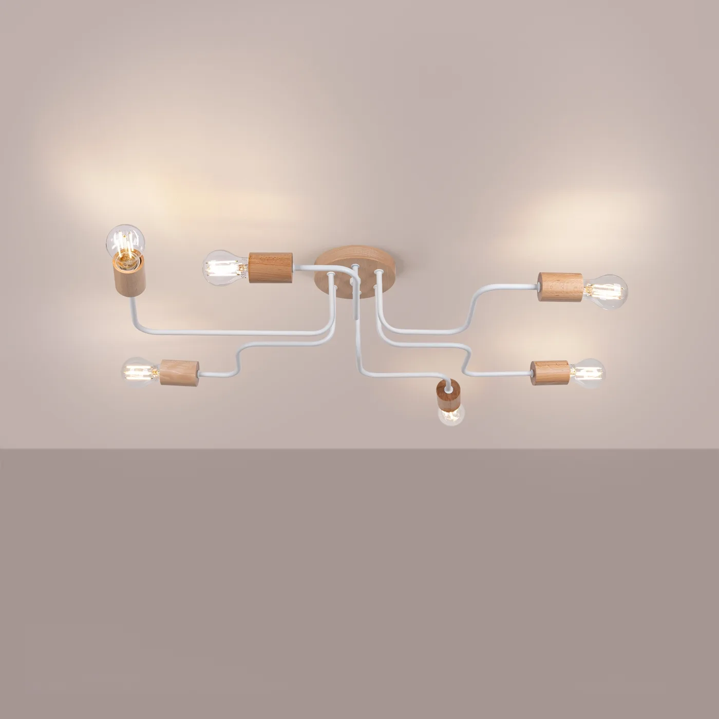 Timbo 6-Arm Ceiling Light - White / Natural Wood Bedroom Ceiling Lights Great Lighting UK Ltd