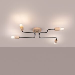 Pendant Lamp Karbon 4 arm Black / Natural Wood Ceiling Chandeliers Great Lighting UK Ltd