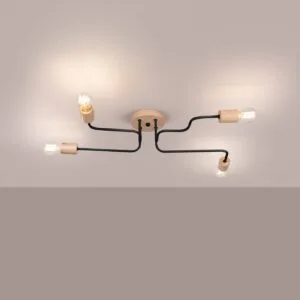 Timbo 4-Arm Ceiling Light - Black / Natural Wood Kitchen Ceiling Lights Great Lighting UK Ltd