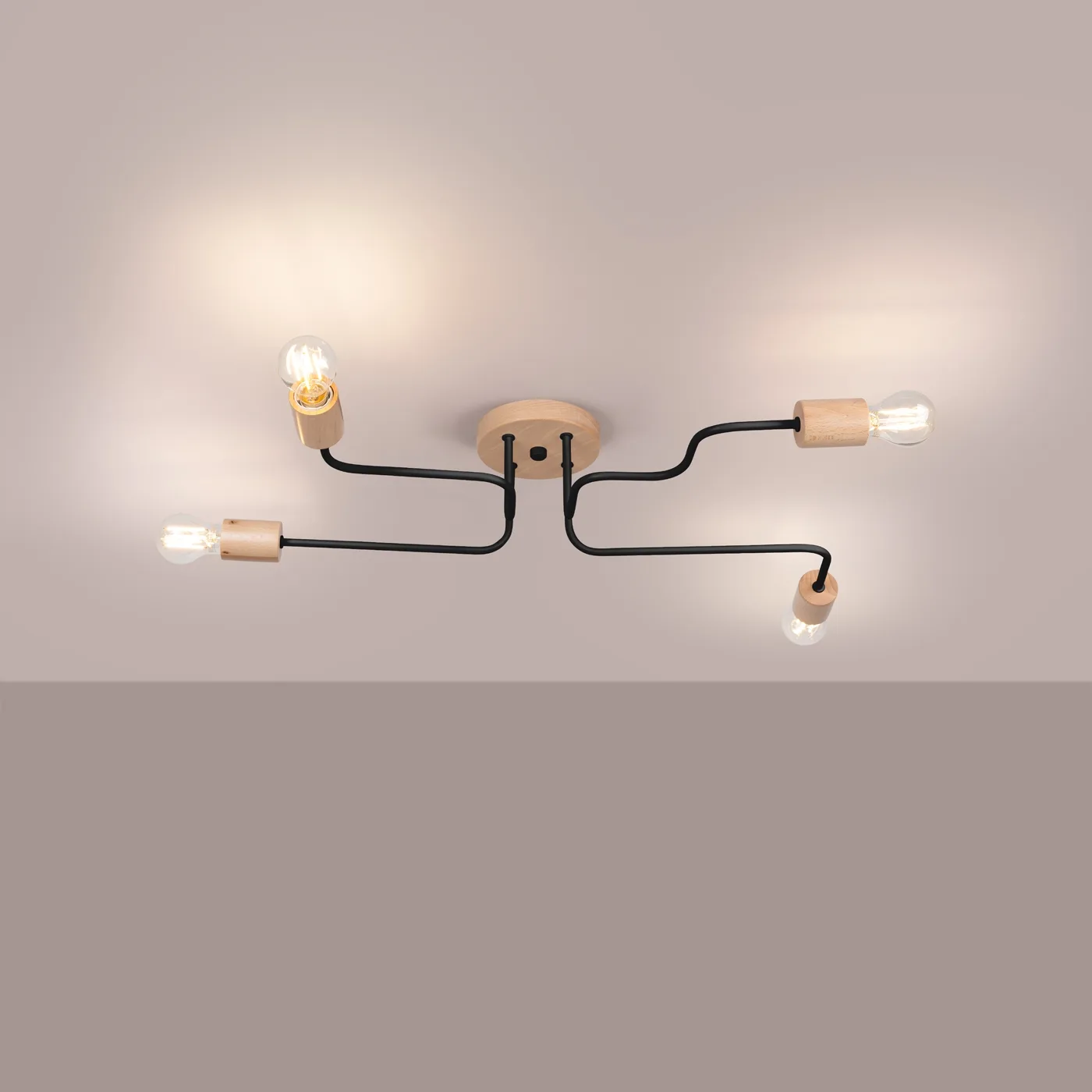 Timbo 4-Arm Ceiling Light - Black / Natural Wood Kitchen Ceiling Lights Great Lighting UK Ltd