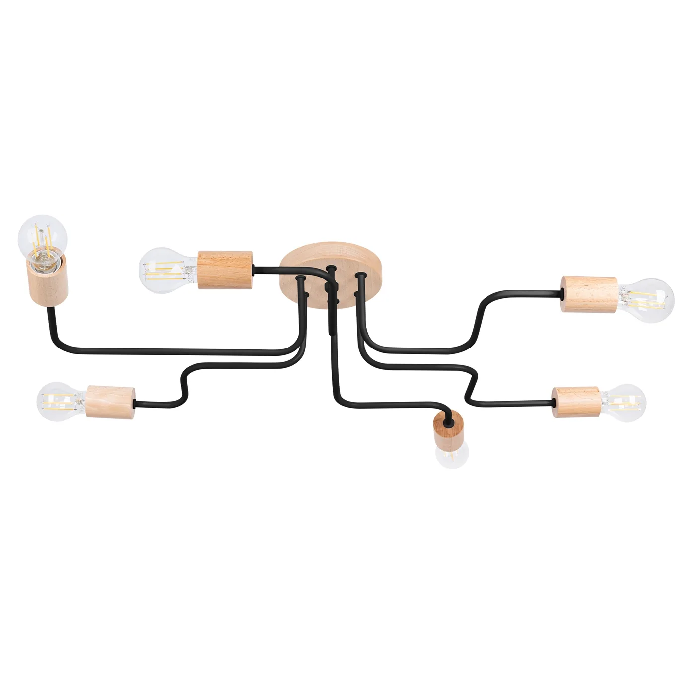 Timbo 6-Arm Ceiling Light - Black / Natural Wood Bedroom Ceiling Lights Great Lighting UK Ltd