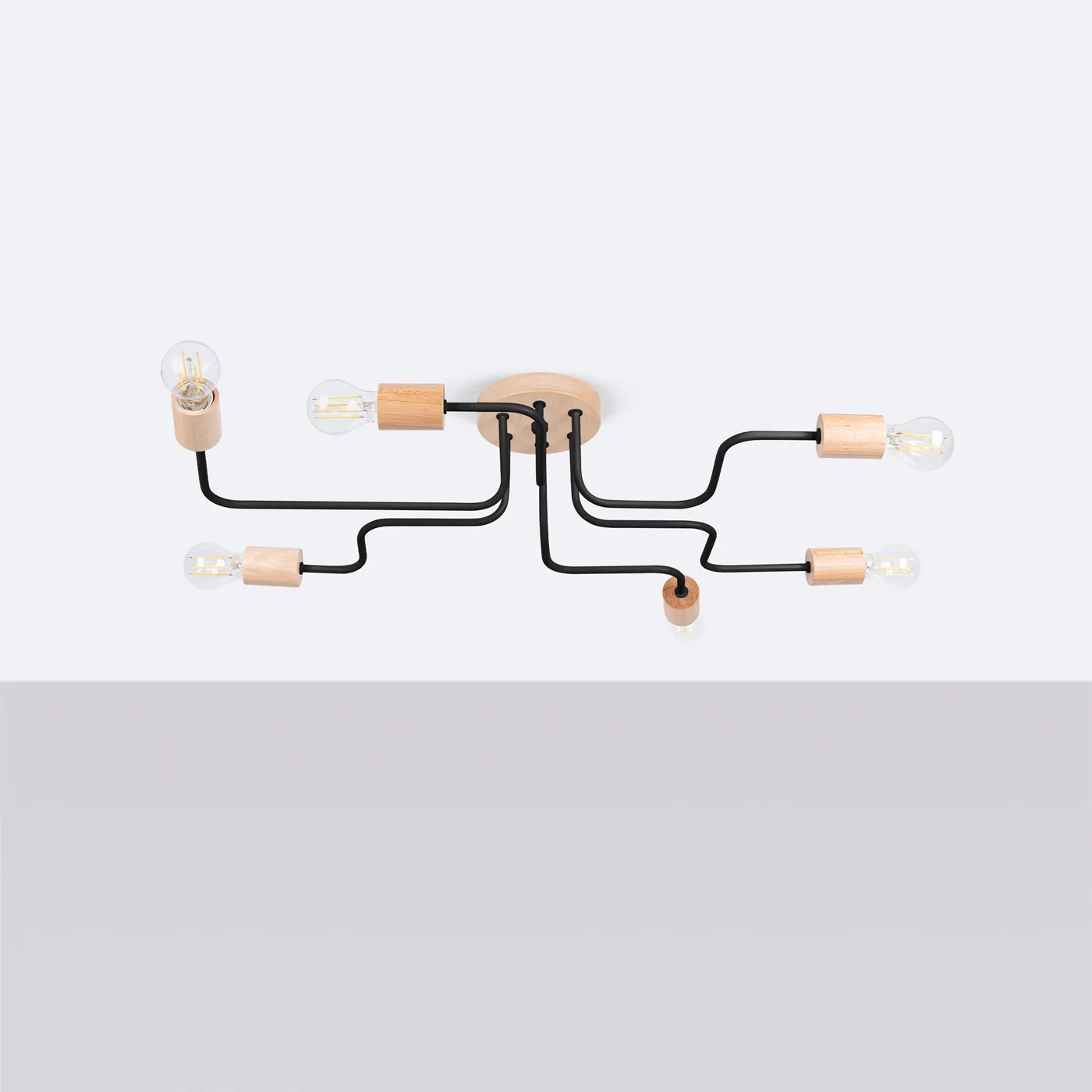 Timbo 6-Arm Ceiling Light - Black / Natural Wood Bedroom Ceiling Lights Great Lighting UK Ltd
