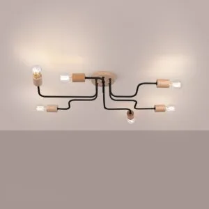 Timbo 6-Arm Ceiling Light - Black / Natural Wood Bedroom Ceiling Lights Great Lighting UK Ltd