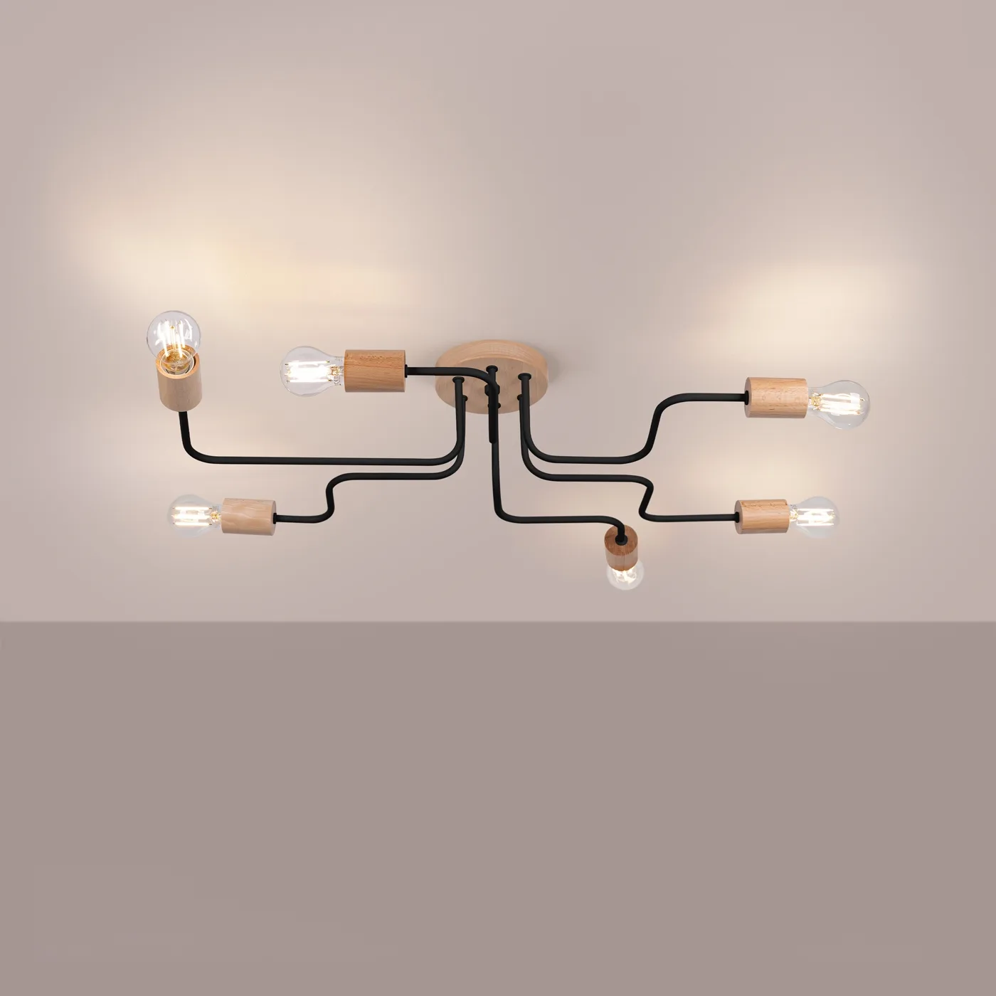 Timbo 6-Arm Ceiling Light - Black / Natural Wood Bedroom Ceiling Lights Great Lighting UK Ltd