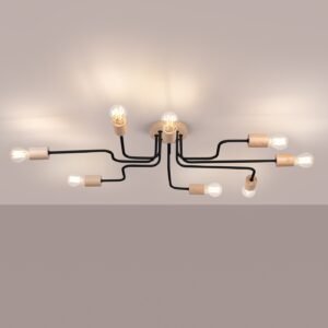 Pendant Lamp Karbon 8 arm Black / Natural Wood Ceiling Chandeliers Great Lighting UK Ltd