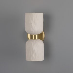 Sakura Double Ceramic and Brass Wall Light finished in Striped Matt White Ceramic Wall Sconces Great Lighting UK Ltd