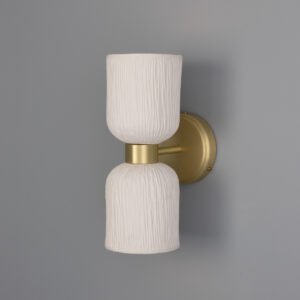 Sakura Double Ceramic and Brass Wall Light finished in Striped Matt White Ceramic Wall Lights Great Lighting UK Ltd
