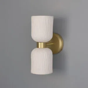 Sakura Double Ceramic and Brass Wall Light finished in Striped Matt White Ceramic Kitchen Wall Lights Great Lighting UK Ltd