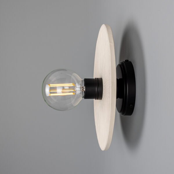 Bog Oak Organic Ceramic Disc Wall Light in Striped Matte White Ceramic Wall Sconces Great Lighting UK Ltd