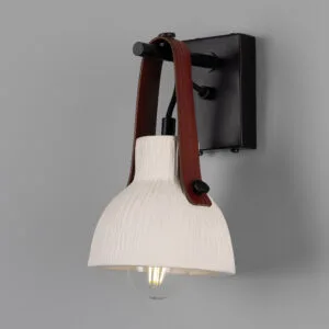 Nagi Organic Ceramic Wall Light with Rescued Fire-Hose Strap - Matt White Striped Finish Bedroom Wall Lights Great Lighting UK Ltd