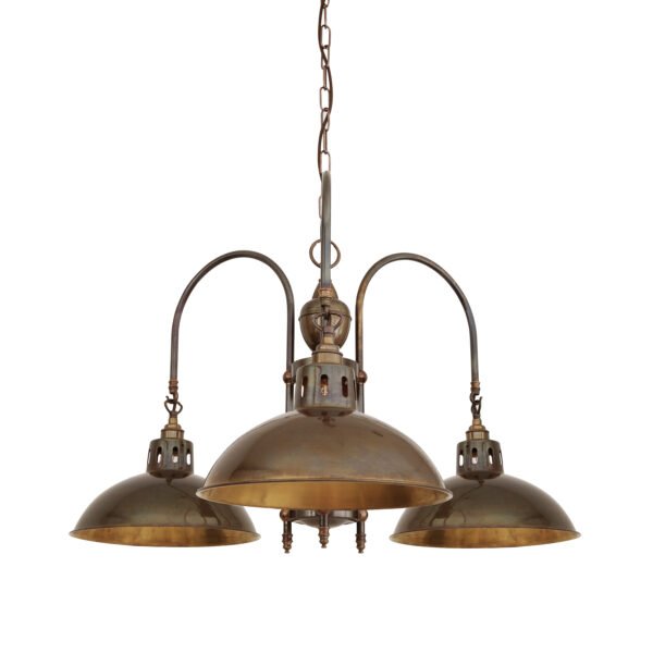 Goiania Three-Arm Industrial Brass Chandelier Kitchen Ceilings Lights Great Lighting UK Ltd